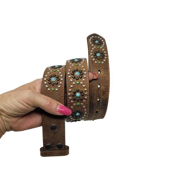 Nocona Leather Western Belt Studs Stones 30" S Brown Circle Flower Blue Silver - Picture 10 of 10